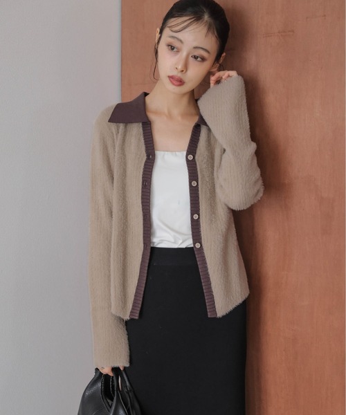 AMELY(エミリー)の「配色シャギーニットカーディガン(カーディガン/ボレロ・レディース・ベージュ/ブラック/ライトグレー・フリー)」の2枚目の写真