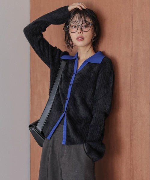 AMELY(エミリー)の「配色シャギーニットカーディガン(カーディガン/ボレロ・レディース・ベージュ/ブラック/ライトグレー・フリー)」の6枚目の写真