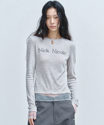 NICOLE SHEER LAYERED LOGO SLEEVE TOP_GRAY