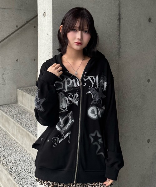 ZIPPER CLUB(ZIPPER CLUB ジッパークラブ)の「damage star melt zip(パーカー・レディース・ブラック/ホワイト・MEDIUM/SMALL/LARGE)」の4枚目の写真