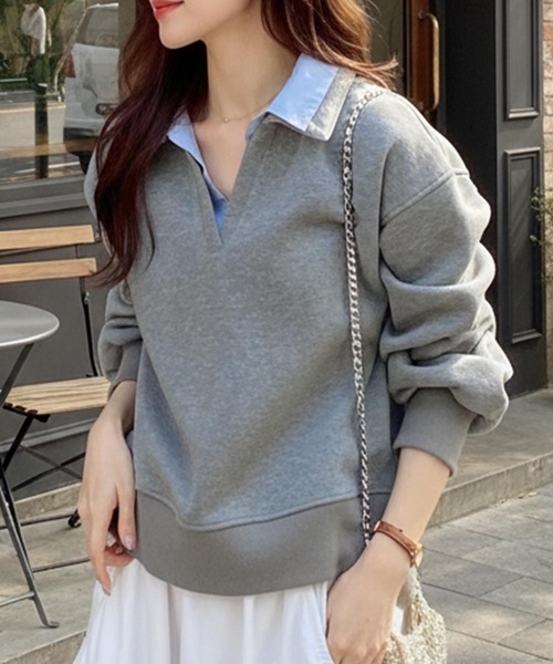 GeeRA（ジーラ）の「シャツレイヤードポロ襟オーバーサイズスウェットトップス（Tシャツ/カットソー・レディース・ネイビー/グレー・X-LARGE/LARGE/MEDIUM）」の2枚目の写真