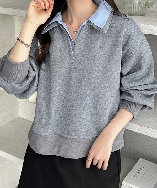 GeeRA（ジーラ）の「シャツレイヤードポロ襟オーバーサイズスウェットトップス（Tシャツ/カットソー・レディース・ネイビー/グレー・X-LARGE/LARGE/MEDIUM）」の3枚目の写真