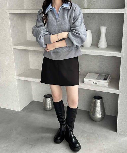 GeeRA（ジーラ）の「シャツレイヤードポロ襟オーバーサイズスウェットトップス（Tシャツ/カットソー・レディース・ネイビー/グレー・X-LARGE/LARGE/MEDIUM）」の5枚目の写真