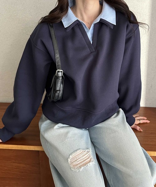 GeeRA（ジーラ）の「シャツレイヤードポロ襟オーバーサイズスウェットトップス（Tシャツ/カットソー・レディース・ネイビー/グレー・X-LARGE/LARGE/MEDIUM）」の6枚目の写真