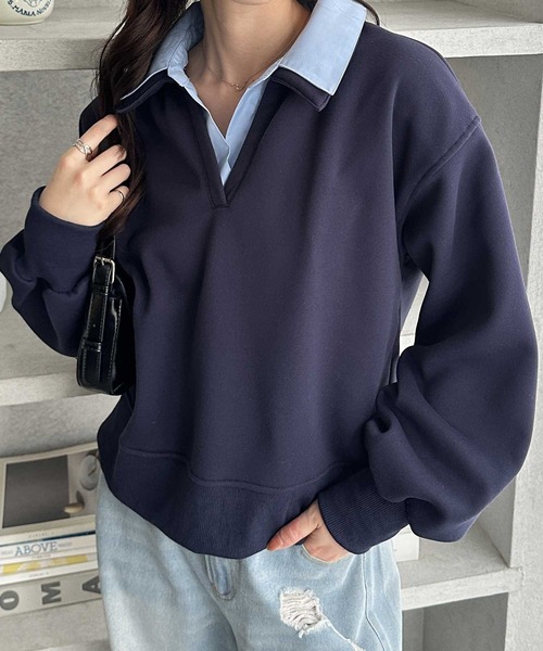 GeeRA（ジーラ）の「シャツレイヤードポロ襟オーバーサイズスウェットトップス（Tシャツ/カットソー・レディース・ネイビー/グレー・X-LARGE/LARGE/MEDIUM）」の8枚目の写真