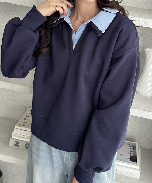 GeeRA（ジーラ）の「シャツレイヤードポロ襟オーバーサイズスウェットトップス（Tシャツ/カットソー・レディース・ネイビー/グレー・X-LARGE/LARGE/MEDIUM）」の10枚目の写真