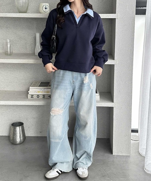 GeeRA（ジーラ）の「シャツレイヤードポロ襟オーバーサイズスウェットトップス（Tシャツ/カットソー・レディース・ネイビー/グレー・X-LARGE/LARGE/MEDIUM）」の11枚目の写真