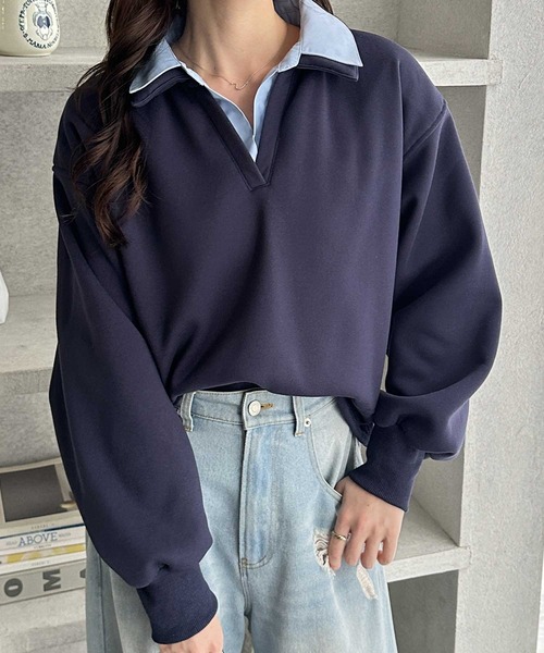 GeeRA（ジーラ）の「シャツレイヤードポロ襟オーバーサイズスウェットトップス（Tシャツ/カットソー・レディース・ネイビー/グレー・X-LARGE/LARGE/MEDIUM）」の7枚目の写真