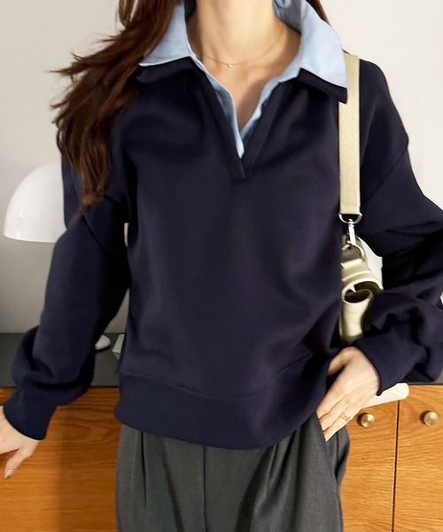 GeeRA（ジーラ）の「シャツレイヤードポロ襟オーバーサイズスウェットトップス（Tシャツ/カットソー・レディース・ネイビー/グレー・X-LARGE/LARGE/MEDIUM）」の20枚目の写真