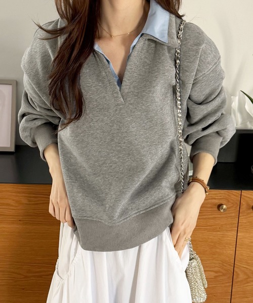 GeeRA（ジーラ）の「シャツレイヤードポロ襟オーバーサイズスウェットトップス（Tシャツ/カットソー・レディース・ネイビー/グレー・X-LARGE/LARGE/MEDIUM）」の12枚目の写真