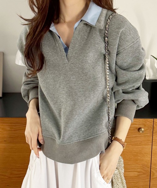 GeeRA（ジーラ）の「シャツレイヤードポロ襟オーバーサイズスウェットトップス（Tシャツ/カットソー・レディース・ネイビー/グレー・X-LARGE/LARGE/MEDIUM）」の13枚目の写真