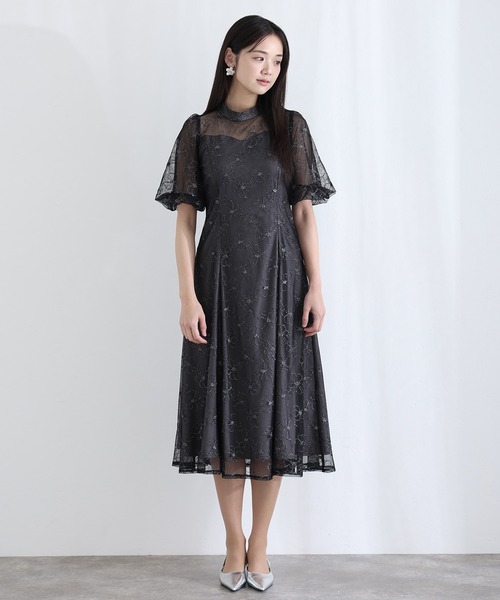 袖あり&ロング 同窓会 成人式 シアーパフスリーブ立体刺繍 フレアスカート お呼ばれ 結婚式 二次会 フォーマル オケージョンドレス パーティー ドレス 