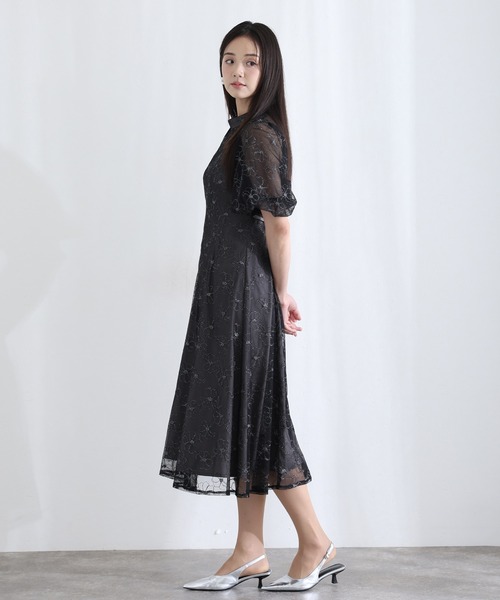 袖あり&ロング 同窓会 成人式 シアーパフスリーブ立体刺繍 フレアスカート お呼ばれ 結婚式 二次会 フォーマル オケージョンドレス パーティー ドレス 