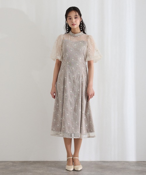 袖あり&ロング 同窓会 成人式 シアーパフスリーブ立体刺繍 フレアスカート お呼ばれ 結婚式 二次会 フォーマル オケージョンドレス パーティー ドレス 