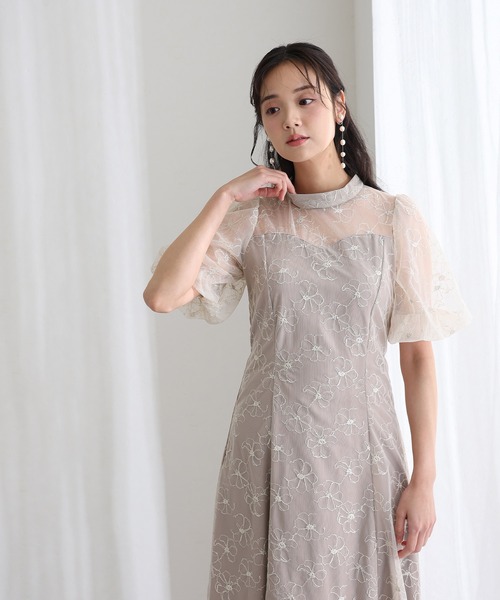 袖あり&ロング 同窓会 成人式 シアーパフスリーブ立体刺繍 フレアスカート お呼ばれ 結婚式 二次会 フォーマル オケージョンドレス パーティー ドレス 