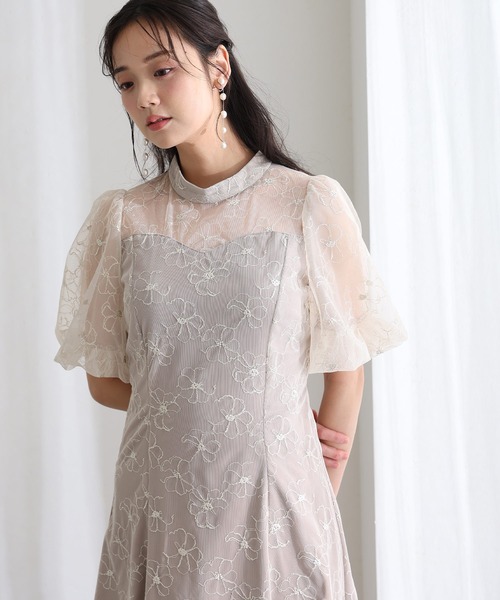 袖あり&ロング 同窓会 成人式 シアーパフスリーブ立体刺繍 フレアスカート お呼ばれ 結婚式 二次会 フォーマル オケージョンドレス パーティー ドレス 