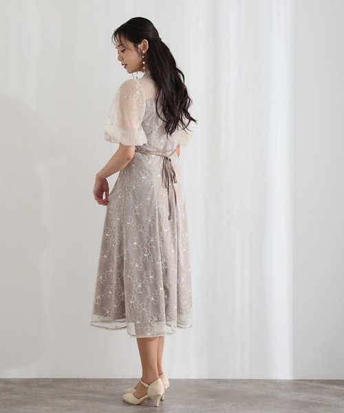 袖あり&ロング 同窓会 成人式 シアーパフスリーブ立体刺繍 フレアスカート お呼ばれ 結婚式 二次会 フォーマル オケージョンドレス パーティー ドレス 