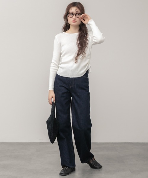 HEILIS（ヘイリス）の「サイドリボンニットトップス / アイボリー ブラック ベージュ 肌見せ ヘルシー ニット ドロスト トップス 長袖  変形 ノームコア 韓国 シンプル 無地 カジュアル 春服 秋服 冬服（ニット/セーター・レディース・ベージュ/アイボリー/ブラック・FREE）」の16枚目の写真