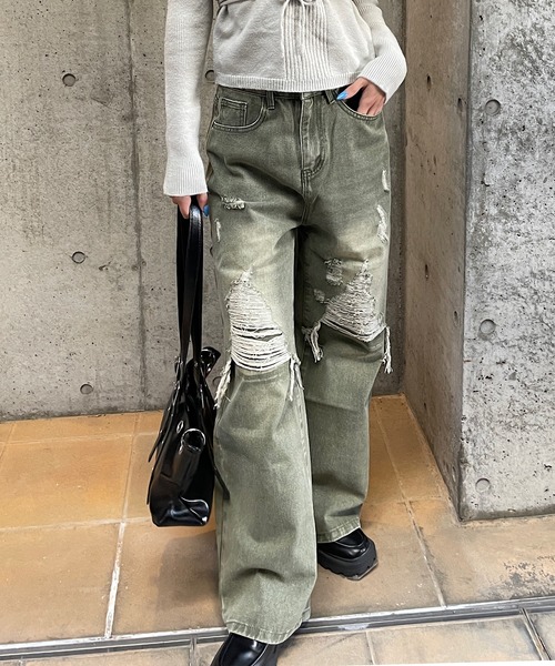ROGER AND RAW(ロジャーアンドロウ)の「ダメージデニムワイドパンツ(デニムパンツ・レディース・カーキ/ブルー・SMALL/MEDIUM)」の19枚目の写真