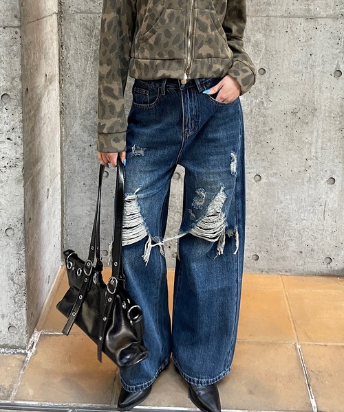 ROGER AND RAW(ロジャーアンドロウ)の「ダメージデニムワイドパンツ(デニムパンツ・レディース・カーキ/ブルー・SMALL/MEDIUM)」の4枚目の写真