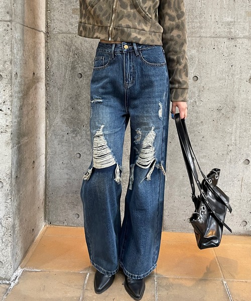 ROGER AND RAW(ロジャーアンドロウ)の「ダメージデニムワイドパンツ(デニムパンツ・レディース・カーキ/ブルー・SMALL/MEDIUM)」の11枚目の写真