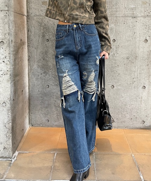 ROGER AND RAW(ロジャーアンドロウ)の「ダメージデニムワイドパンツ(デニムパンツ・レディース・カーキ/ブルー・SMALL/MEDIUM)」の10枚目の写真
