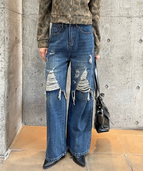 ROGER AND RAW(ロジャーアンドロウ)の「ダメージデニムワイドパンツ(デニムパンツ・レディース・カーキ/ブルー・SMALL/MEDIUM)」の9枚目の写真