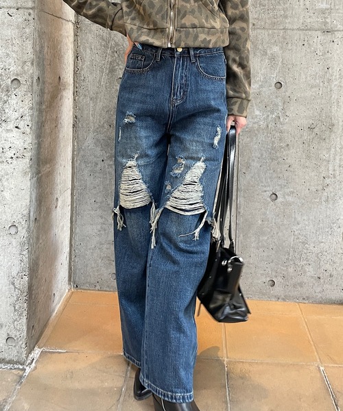 ROGER AND RAW(ロジャーアンドロウ)の「ダメージデニムワイドパンツ(デニムパンツ・レディース・カーキ/ブルー・SMALL/MEDIUM)」の8枚目の写真