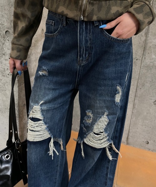 ROGER AND RAW(ロジャーアンドロウ)の「ダメージデニムワイドパンツ(デニムパンツ・レディース・カーキ/ブルー・SMALL/MEDIUM)」の5枚目の写真
