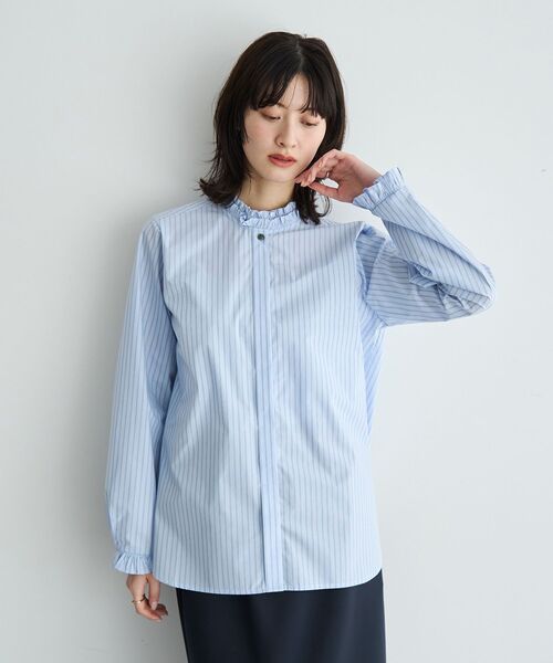 YECCA VECCA（イェッカヴェッカ）の「イージーケアフリルカラーシャツ（シャツ/ブラウス・レディース・ブルー系その他6/ネイビー/オフホワイト・FREE）」の3枚目の写真