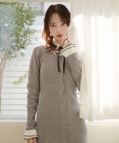 fupel(フぺル)の「frill docking ribbon mini onepiece / フリルドッキングリボンミニワンピース(ワンピース・レディース・グレー/ベージュ・FREE)」の14枚目の写真