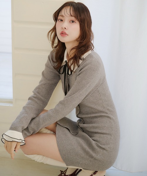 fupel(フぺル)の「frill docking ribbon mini onepiece / フリルドッキングリボンミニワンピース(ワンピース・レディース・グレー/ベージュ・FREE)」の18枚目の写真