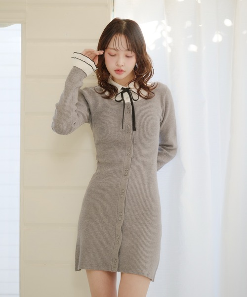 fupel(フぺル)の「frill docking ribbon mini onepiece / フリルドッキングリボンミニワンピース(ワンピース・レディース・グレー/ベージュ・FREE)」の7枚目の写真