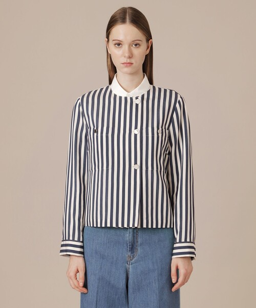 MACKINTOSH LONDON（マッキントッシュ ロンドン）の「ドビーストライプジャケット（ノーカラージャケット・レディース・ネイビー・38）」の8枚目の写真