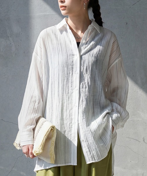 antiqua(アンティカ)の「ストライプ シアーシャツ(シャツ/ブラウス・レディース・ピンク/ホワイト/ブルー/ブラック・ONE SIZE)」の2枚目の写真