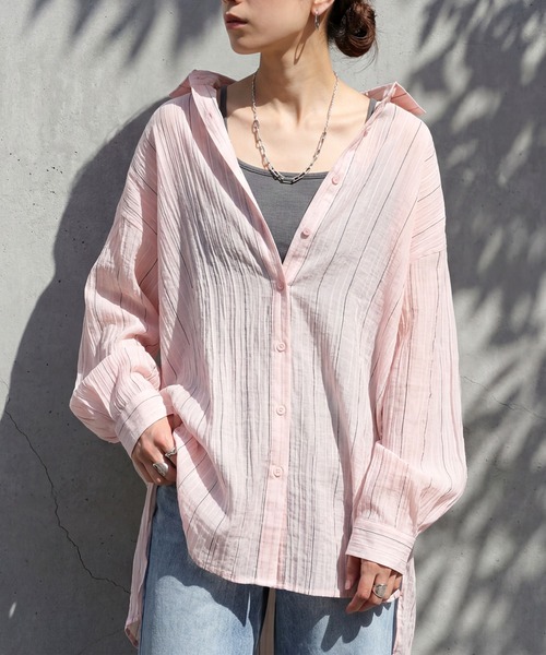 antiqua(アンティカ)の「ストライプ シアーシャツ(シャツ/ブラウス・レディース・ピンク/ホワイト/ブルー/ブラック・ONE SIZE)」の4枚目の写真