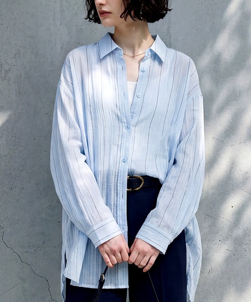 antiqua(アンティカ)の「ストライプ シアーシャツ(シャツ/ブラウス・レディース・ピンク/ホワイト/ブルー/ブラック・ONE SIZE)」の1枚目の写真
