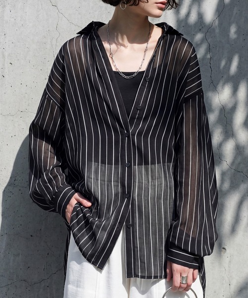 antiqua(アンティカ)の「ストライプ シアーシャツ(シャツ/ブラウス・レディース・ピンク/ホワイト/ブルー/ブラック・ONE SIZE)」の3枚目の写真