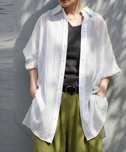 antiqua(アンティカ)の「ストライプ シアーシャツ(シャツ/ブラウス・レディース・ピンク/ホワイト/ブルー/ブラック・ONE SIZE)」の5枚目の写真