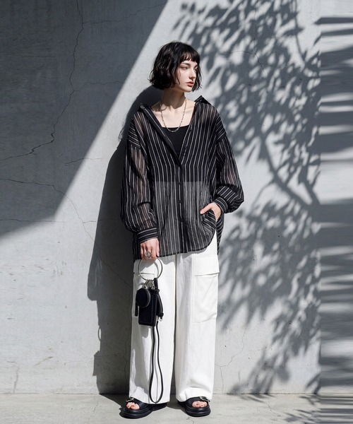 antiqua(アンティカ)の「ストライプ シアーシャツ(シャツ/ブラウス・レディース・ピンク/ホワイト/ブルー/ブラック・ONE SIZE)」の8枚目の写真