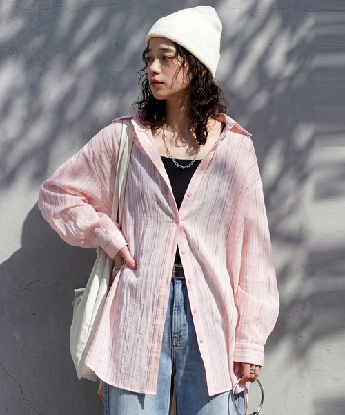 antiqua(アンティカ)の「ストライプ シアーシャツ(シャツ/ブラウス・レディース・ピンク/ホワイト/ブルー/ブラック・ONE SIZE)」の14枚目の写真