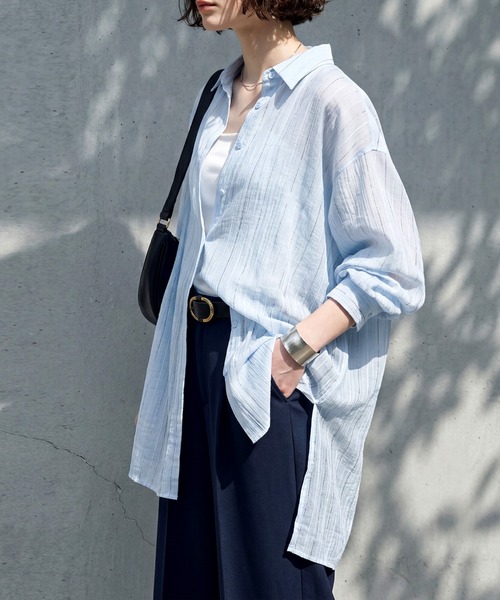 antiqua(アンティカ)の「ストライプ シアーシャツ(シャツ/ブラウス・レディース・ピンク/ホワイト/ブルー/ブラック・ONE SIZE)」の12枚目の写真