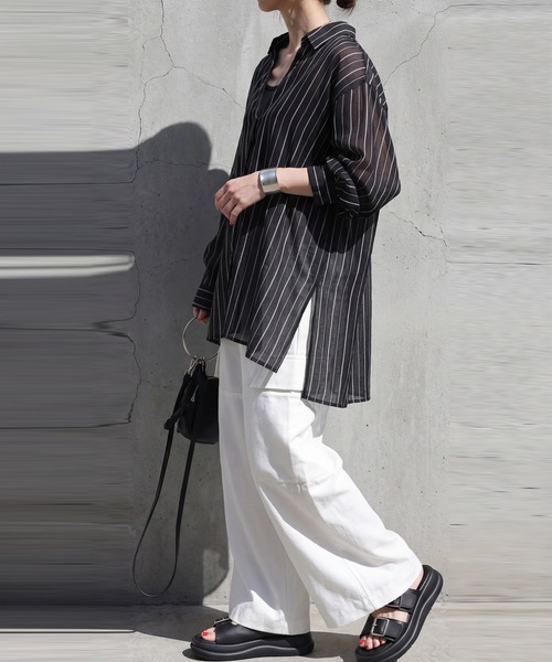 antiqua(アンティカ)の「ストライプ シアーシャツ(シャツ/ブラウス・レディース・ピンク/ホワイト/ブルー/ブラック・ONE SIZE)」の10枚目の写真