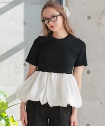 【カップ付き/ドッキング/ペプラム】【pufe】カップ付きバルーンTシャツ 半袖 バイカラー ブラトップ 重ね着