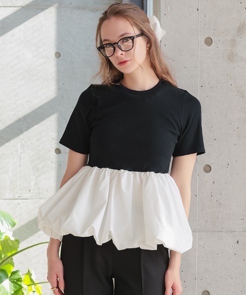 pufe(ピュフェ)の「【カップ付き/ドッキング/ペプラム】【pufe】カップ付きバルーンTシャツ 半袖 バイカラー ブラトップ 重ね着(Tシャツ/カットソー・レディース・ブラック×ホワイト/ホワイト/ブラック・ONE SIZE)」の3枚目の写真