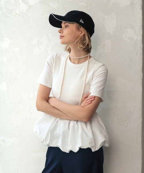 pufe(ピュフェ)の「【カップ付き/ドッキング/ペプラム】【pufe】カップ付きバルーンTシャツ 半袖 バイカラー ブラトップ 重ね着(Tシャツ/カットソー・レディース・ブラック×ホワイト/ホワイト/ブラック・ONE SIZE)」の12枚目の写真
