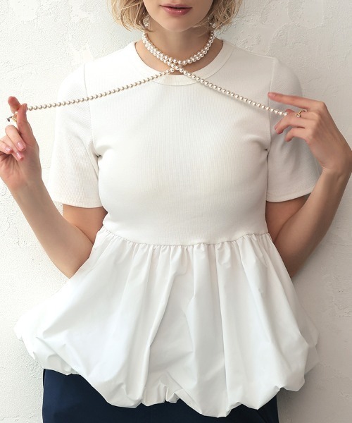 pufe(ピュフェ)の「【カップ付き/ドッキング/ペプラム】【pufe】カップ付きバルーンTシャツ 半袖 バイカラー ブラトップ 重ね着(Tシャツ/カットソー・レディース・ブラック×ホワイト/ホワイト/ブラック・ONE SIZE)」の13枚目の写真