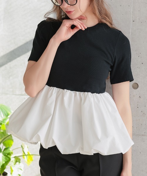 pufe(ピュフェ)の「【カップ付き/ドッキング/ペプラム】【pufe】カップ付きバルーンTシャツ 半袖 バイカラー ブラトップ 重ね着(Tシャツ/カットソー・レディース・ブラック×ホワイト/ホワイト/ブラック・ONE SIZE)」の16枚目の写真