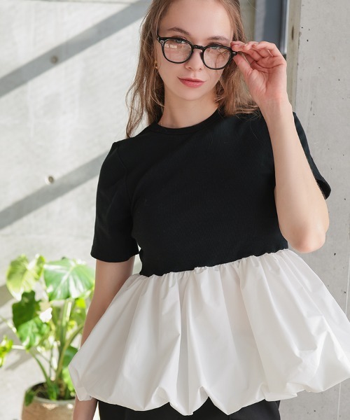 pufe(ピュフェ)の「【カップ付き/ドッキング/ペプラム】【pufe】カップ付きバルーンTシャツ 半袖 バイカラー ブラトップ 重ね着(Tシャツ/カットソー・レディース・ブラック×ホワイト/ホワイト/ブラック・ONE SIZE)」の17枚目の写真