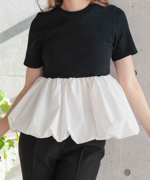 pufe(ピュフェ)の「【カップ付き/ドッキング/ペプラム】【pufe】カップ付きバルーンTシャツ 半袖 バイカラー ブラトップ 重ね着(Tシャツ/カットソー・レディース・ブラック×ホワイト/ホワイト/ブラック・ONE SIZE)」の18枚目の写真